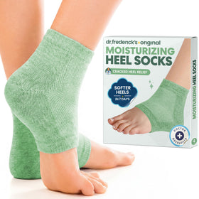 Dr. Frederick's front packaging showing two green aloe heel socks, presents easy gifting benefit