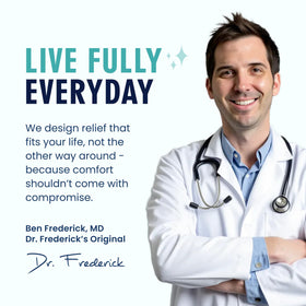Dr. Frederick's lifestyle image in bathroom spa scene, suggests relaxing self-care routine