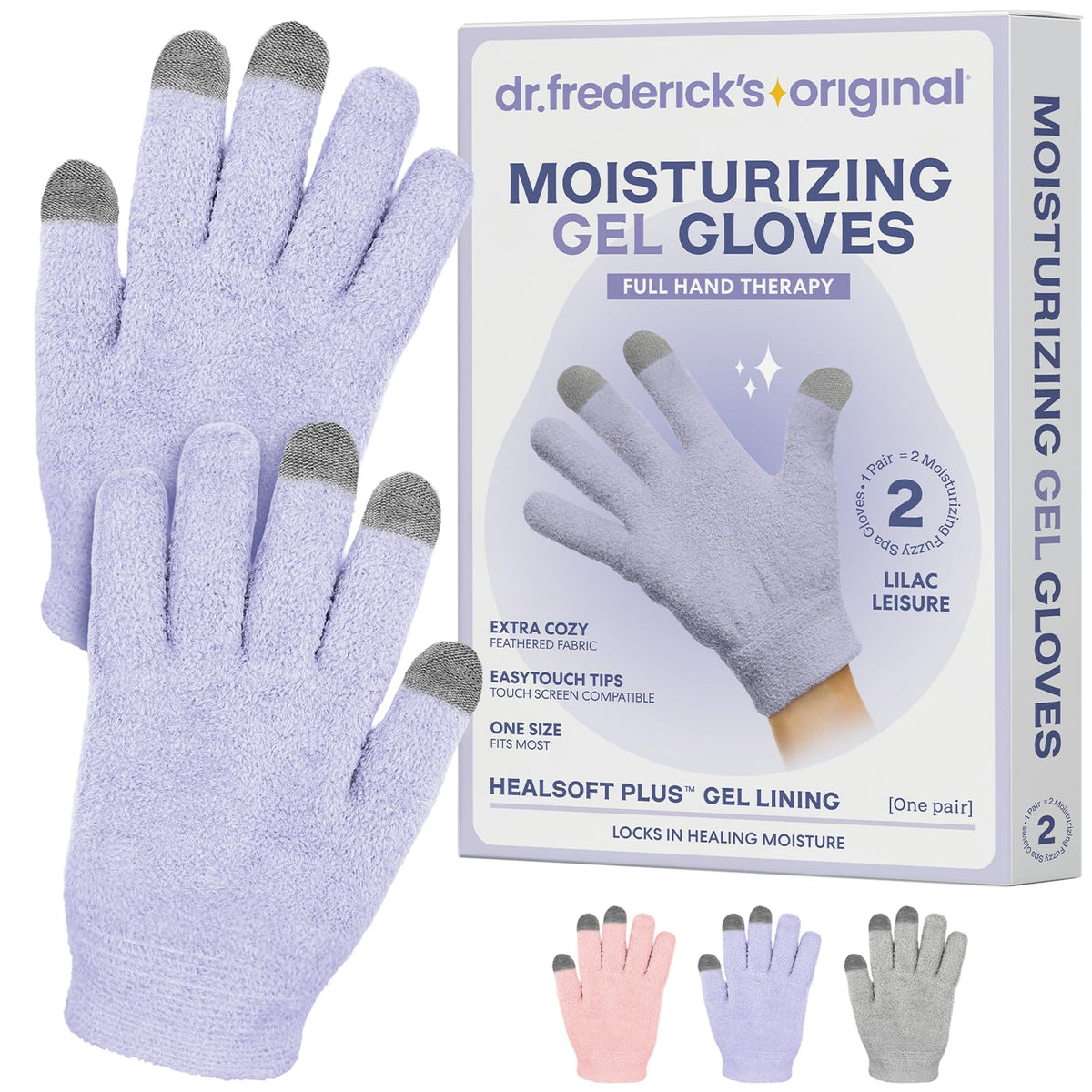 Dr. Frederick's lilac gloves front view showing plush exterior and full-coverage comfort