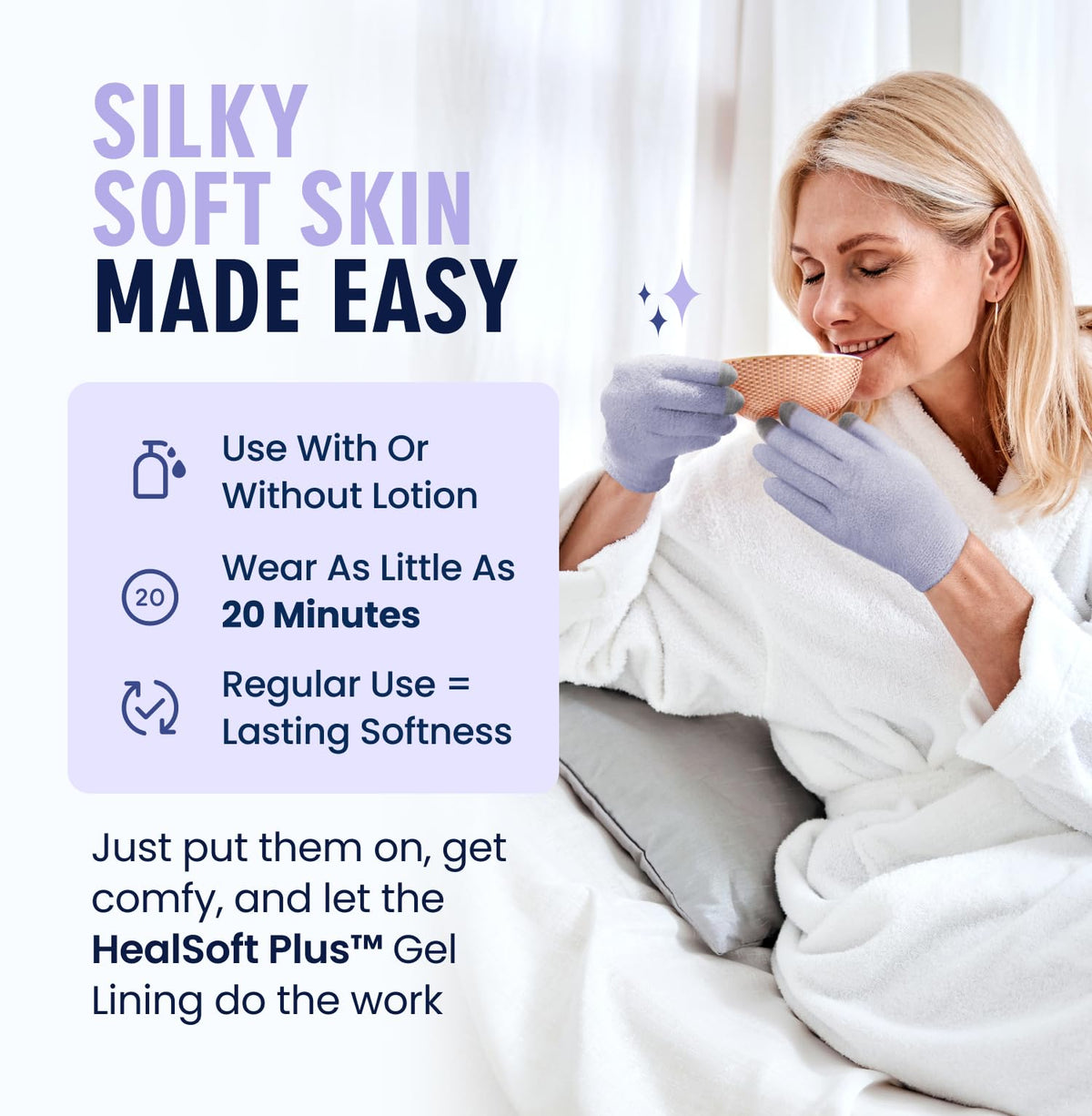 Dr. Frederick's person relaxing with gloves to showcase at-home spa convenience