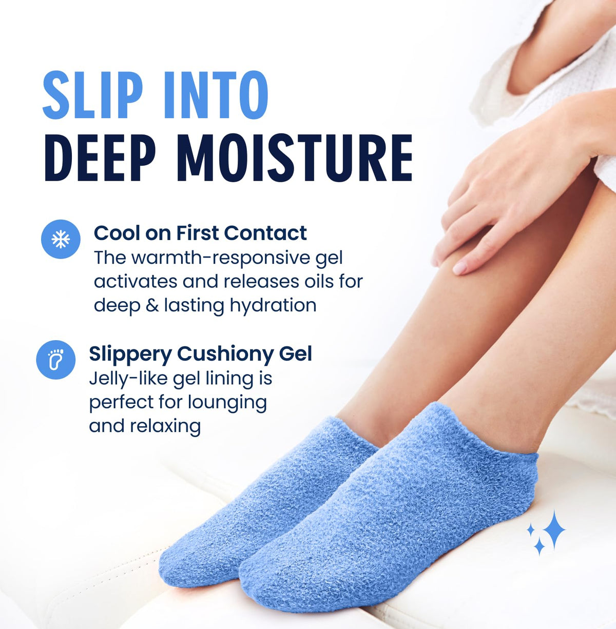 Dr. Frederick's Original woman wearing socks on couch for relaxing overnight hydration