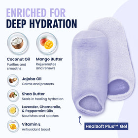 Dr. Frederick's socks worn on feet while lounging, providing moisturizing comfort