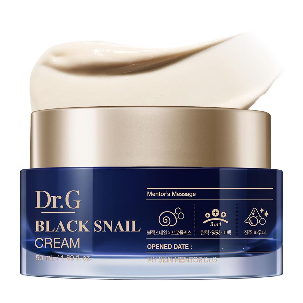 Dr. G jar front view showing black snail cream, clear branding and hydration benefit