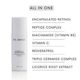 Flatlay of Dr. Grace with vitamin C and botanical extracts showcasing natural actives