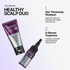 Dr. Groot treatment applied to scalp in shower illustrating exfoliate and hydrate action