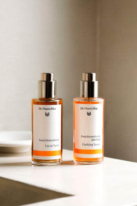 Dr. Hauschka facial toner in a bathroom setting showing daily routine convenience