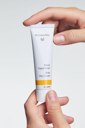 Dr. Hauschka rose petals and botanicals highlighting calming ingredients