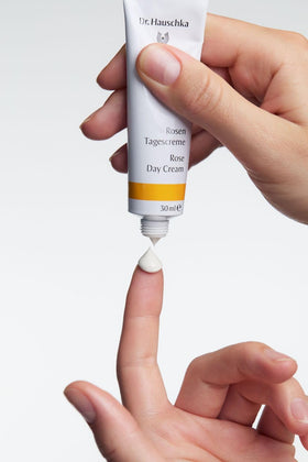 Dr. Hauschka cream on neck and decollete showing soothing coverage