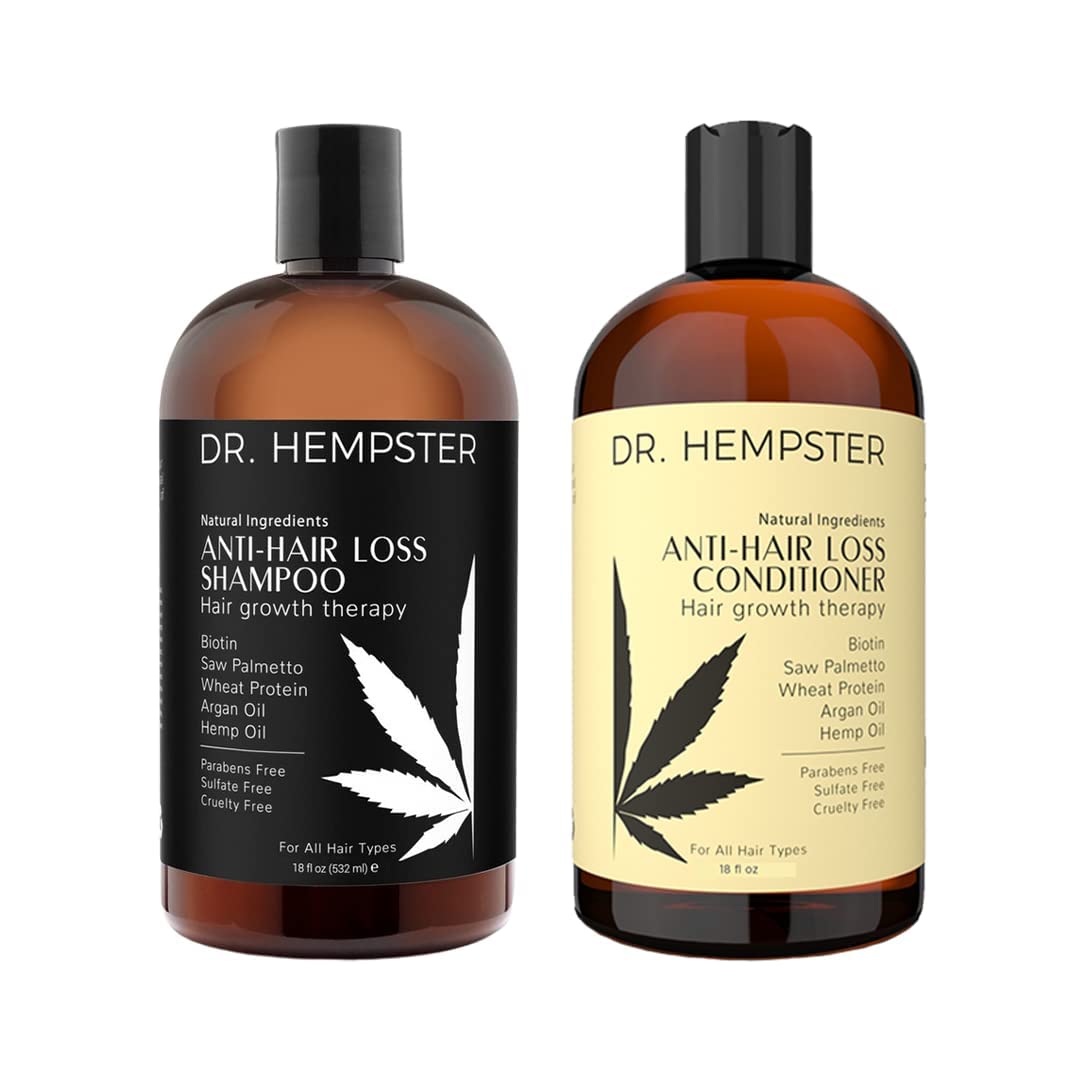 DR. HEMPSTER front packaging showing full shampoo and conditioner set benefit