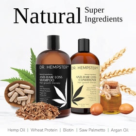 DR. HEMPSTER shampoo bottle close-up label highlighting natural ingredients