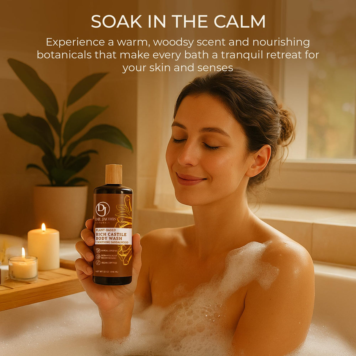 Dr. Jacobs Naturals in shower setting conveying relaxing sandalwood aroma benefit