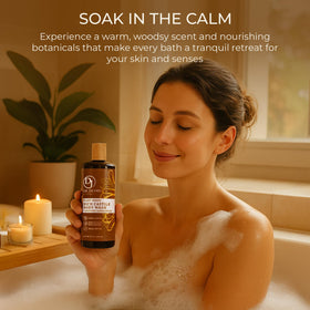 Dr. Jacobs Naturals in shower setting conveying relaxing sandalwood aroma benefit