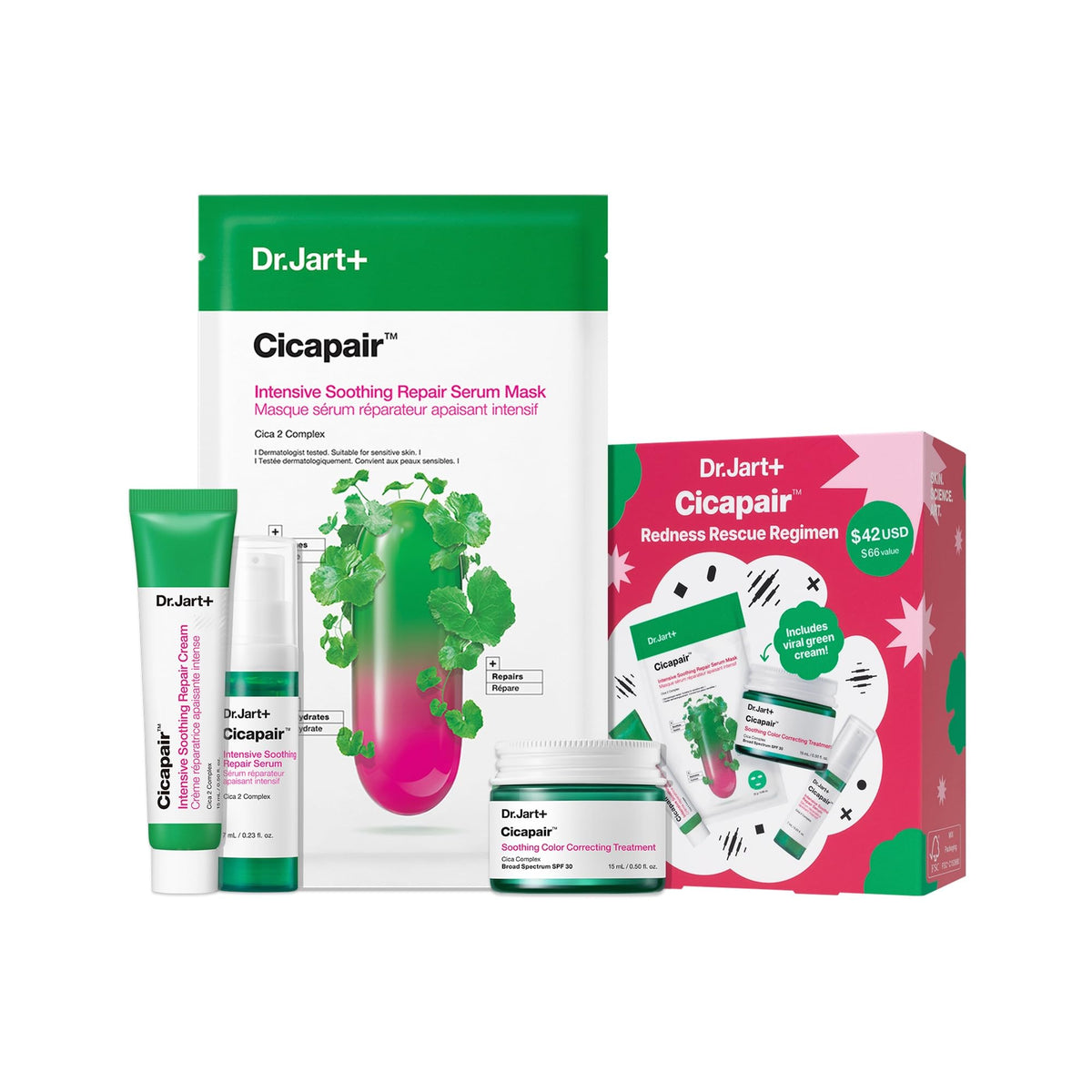 Dr.Jart+ set front packaging showing four travel-size items and benefits