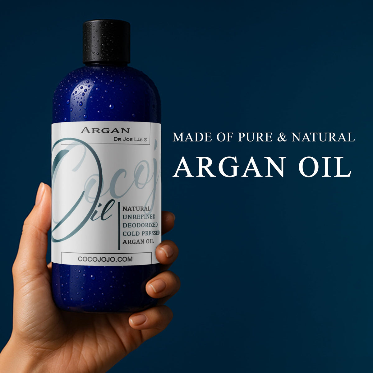 Dr Joe Lab pouring argan oil stream demonstrating Cocojojo smooth pour