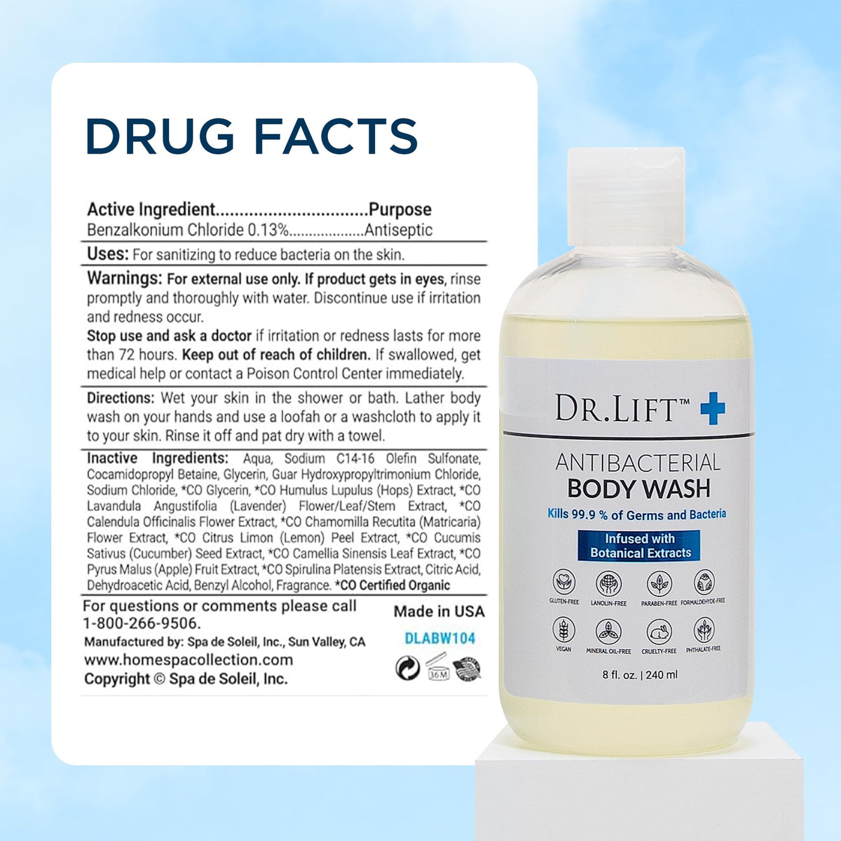DR. LIFT 8 fl oz bottle next to hand showing compact travel benefit