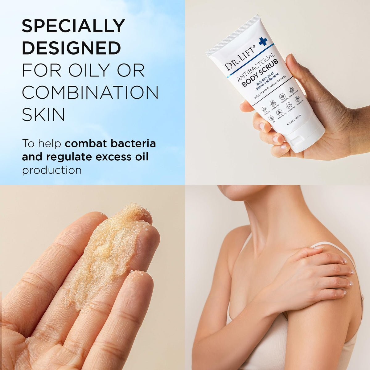 DR. LIFT close-up of fine salt granules demonstrating gentle exfoliation
