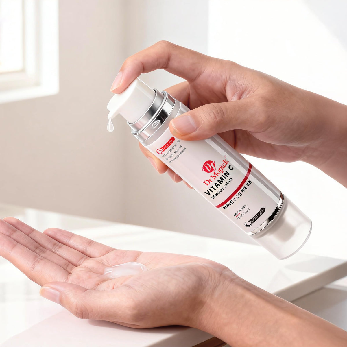 DR.MOPICK tube next to sunscreen for scale and routine pairing