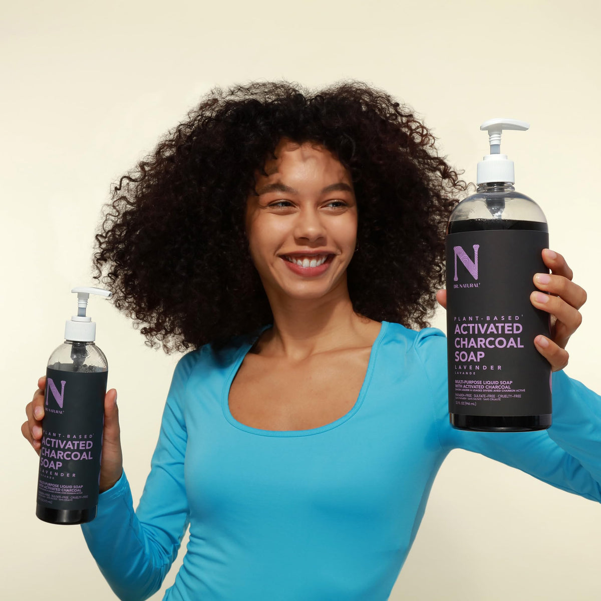 Dr. Natural bottle on shower shelf illustrating daily all-over body use