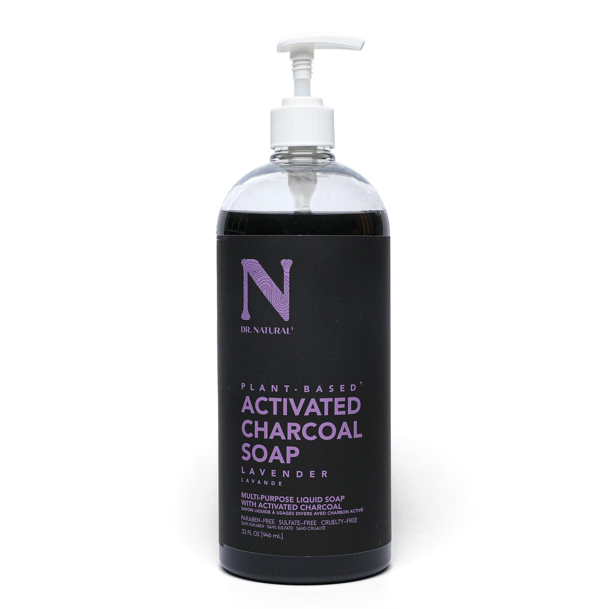 Dr. Natural front label showing charcoal soap benefits and lavender scent