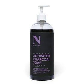 Dr. Natural front label showing charcoal soap benefits and lavender scent
