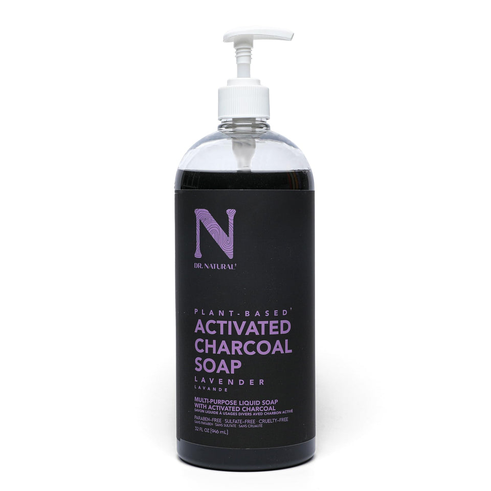 Dr. Natural front label showing charcoal soap benefits and lavender scent