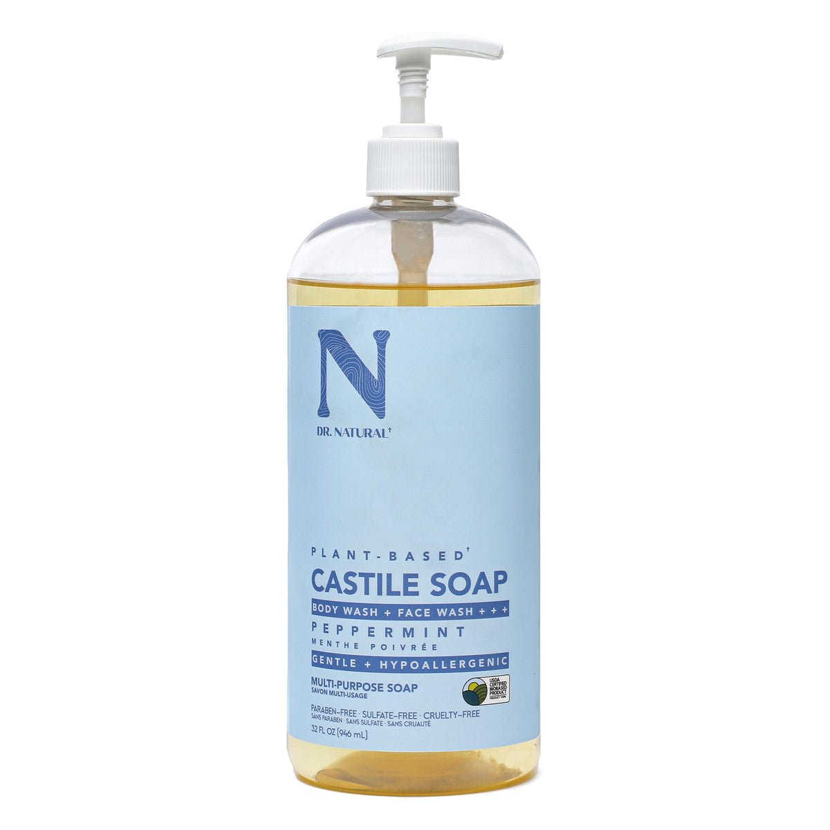 Dr. Natural front label showing peppermint Castile soap and key benefits
