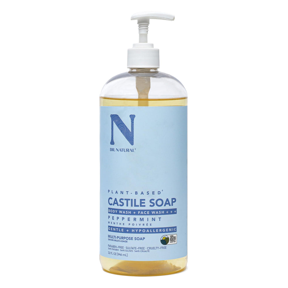 Dr. Natural front label showing peppermint Castile soap and key benefits