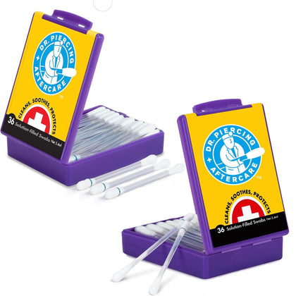 Dr. Piercing Aftercare front packaging showing two 36-count cases for convenience