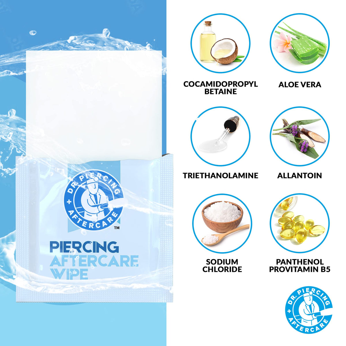 Dr. Piercing Aftercare group of individually wrapped wipes emphasizing hygiene