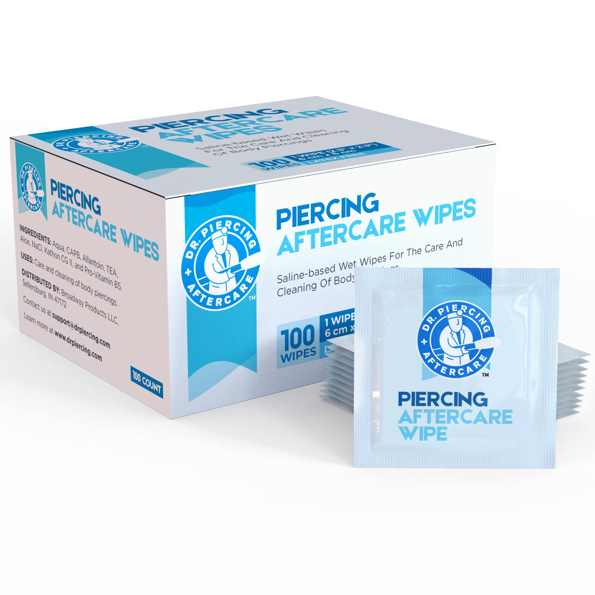 Dr. Piercing Aftercare label close-up with ingredients list and directions visible