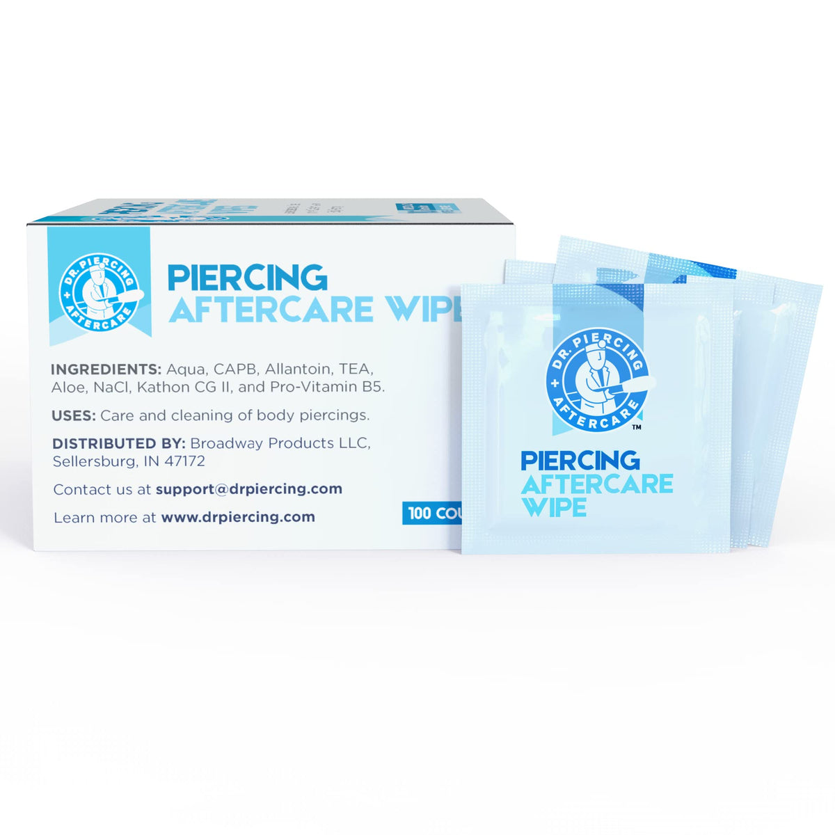Dr. Piercing Aftercare wipes in a travel bag showing on-the-go aftercare readiness