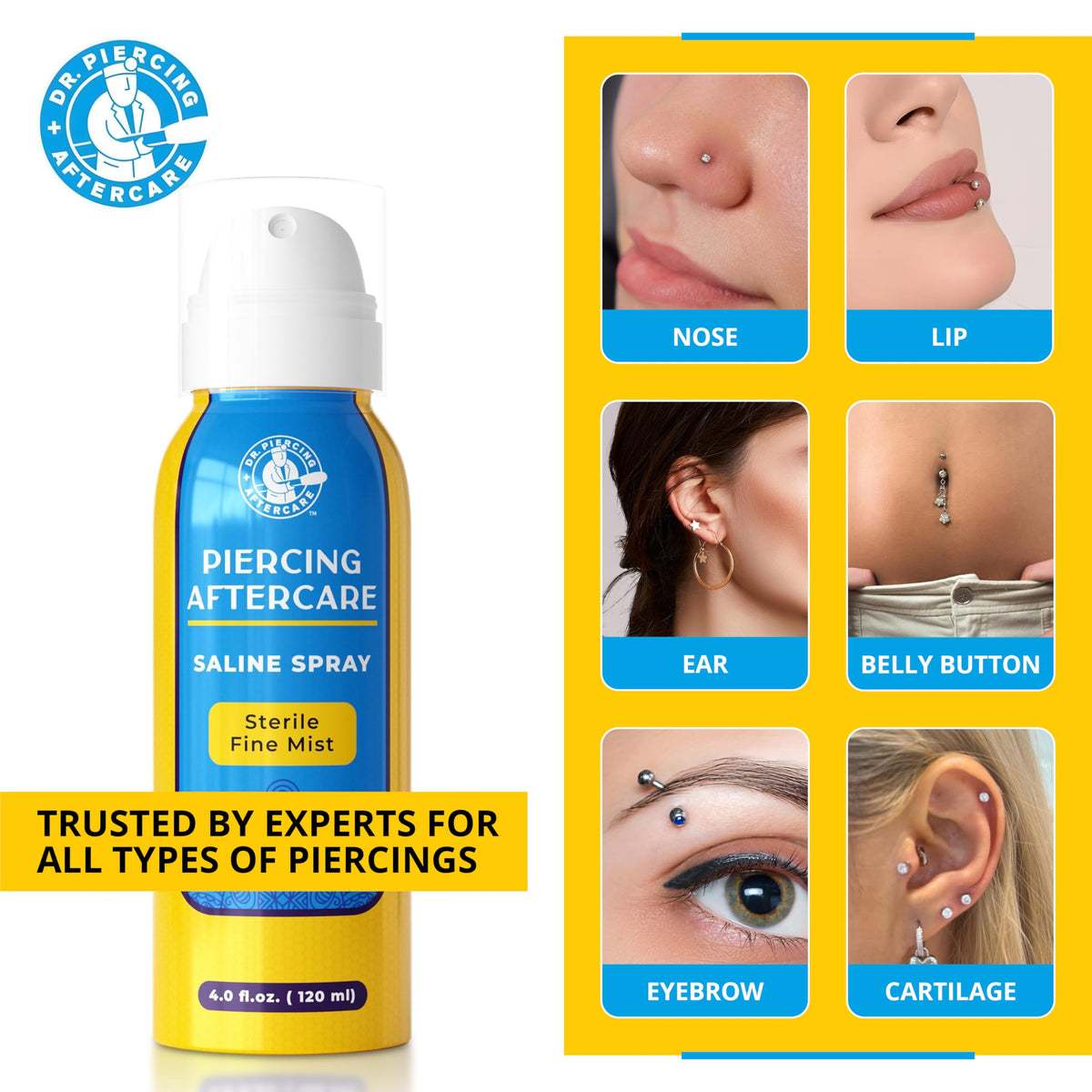 Dr. Piercing Aftercare label showing USP-grade ingredients and manufacturing trust