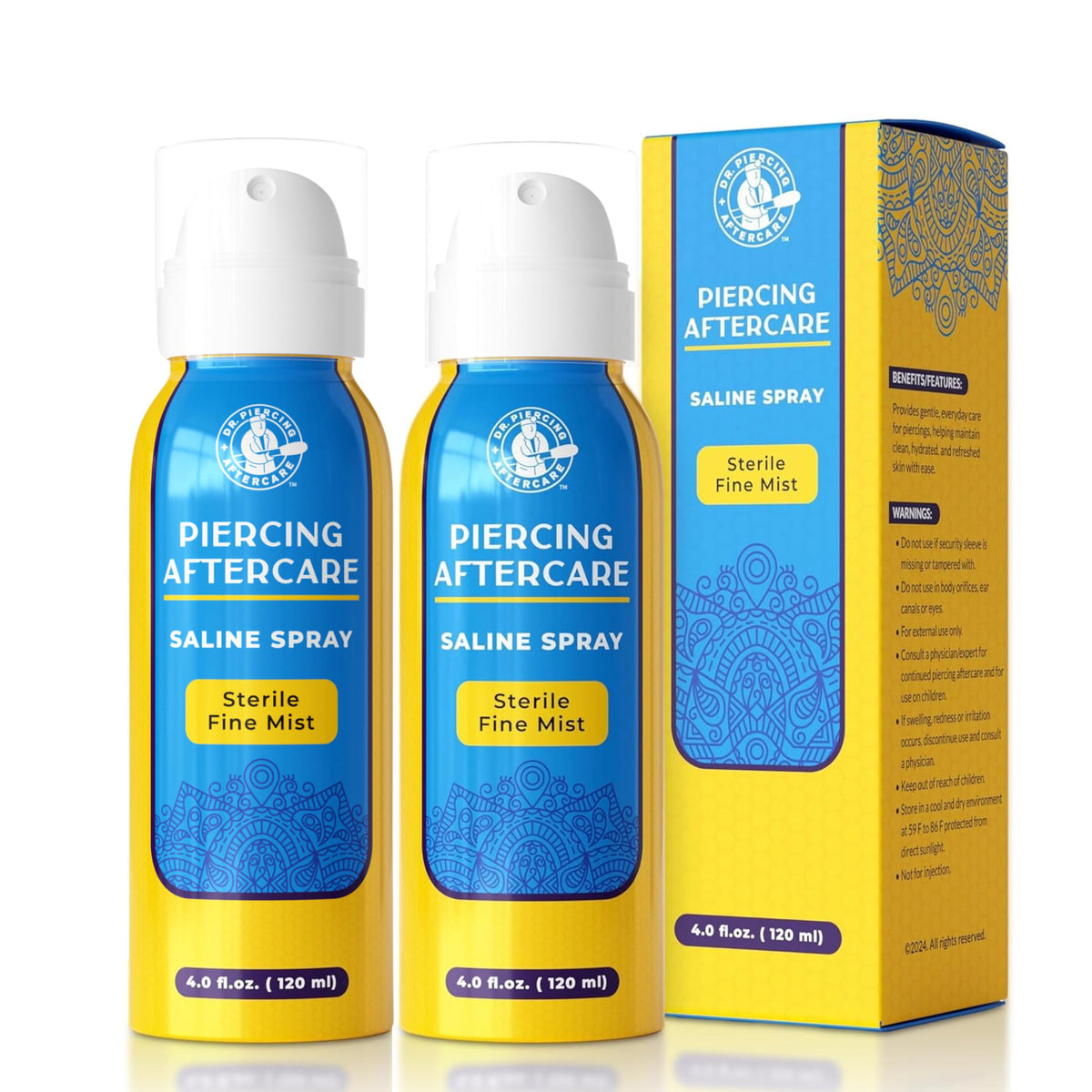 Dr. Piercing front packaging showing two 4.0 oz bottles and clear labeling for convenient care