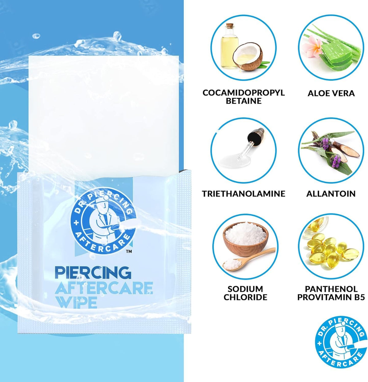 DR. PIERCING AFTERCARE ingredient label highlighting aloe and panthenol