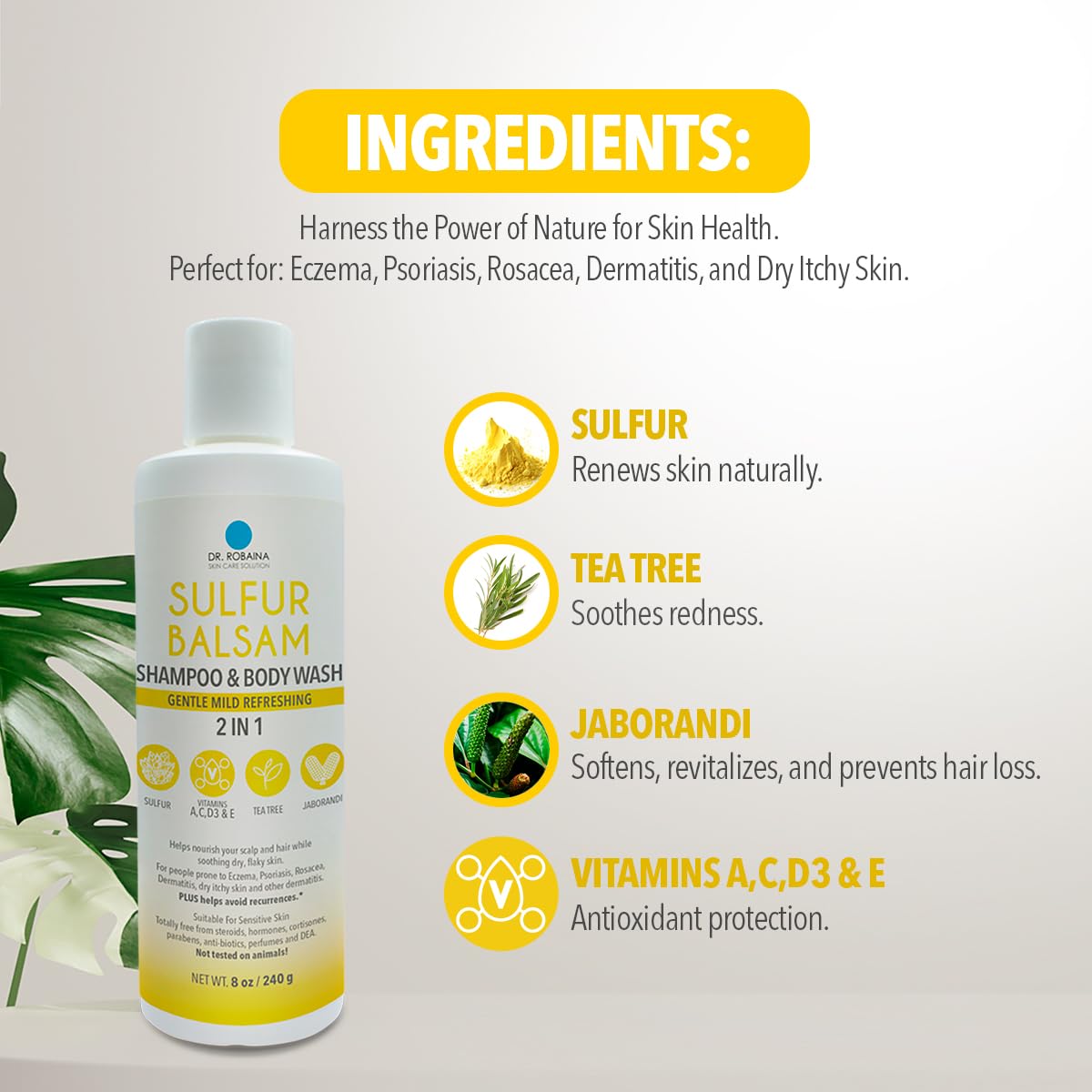 Dr. Robaina bottle on shower shelf conveying everyday, head-to-toe use