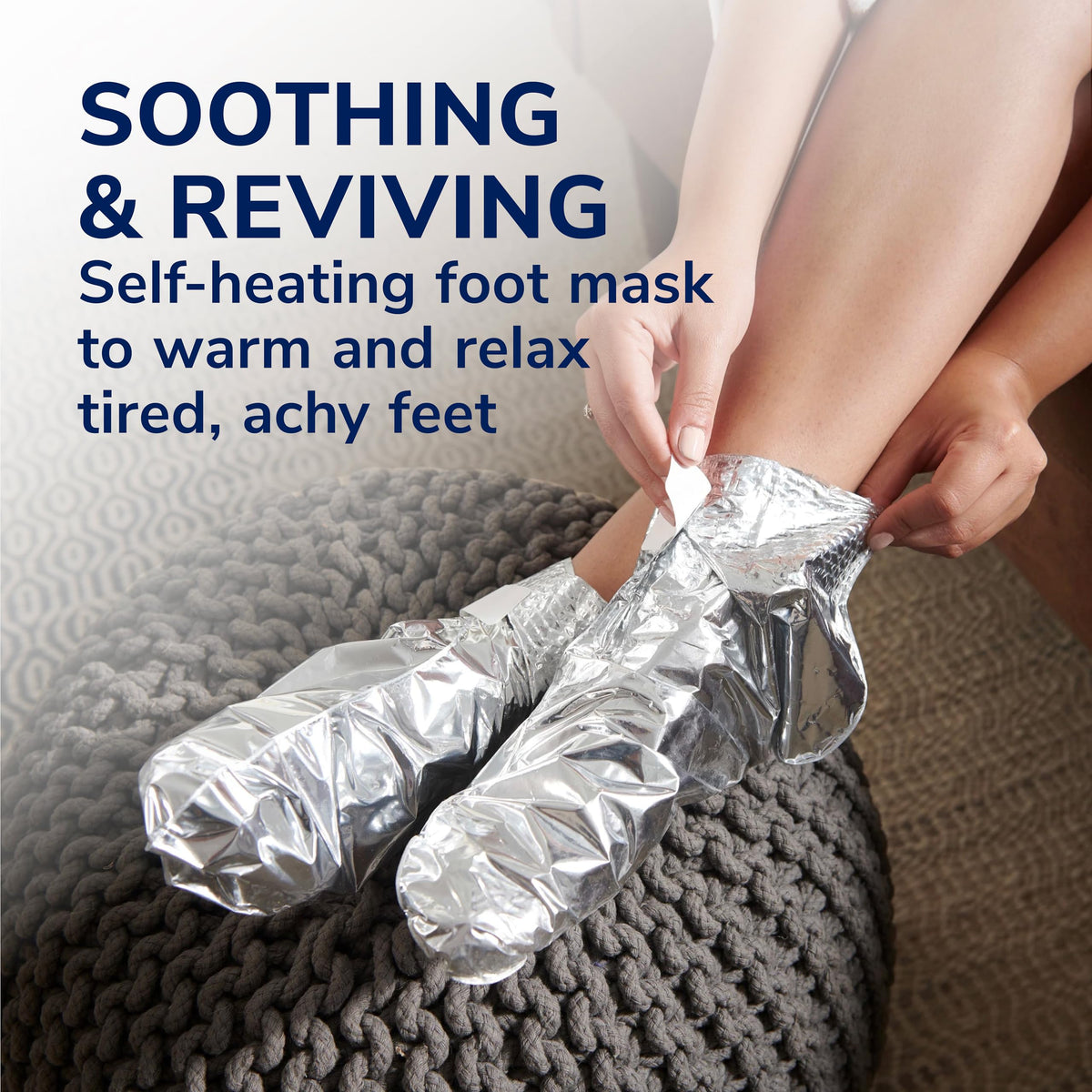 Dr. Scholl's opened packet with booties visible, illustrating easy no-mess contents and convenience
