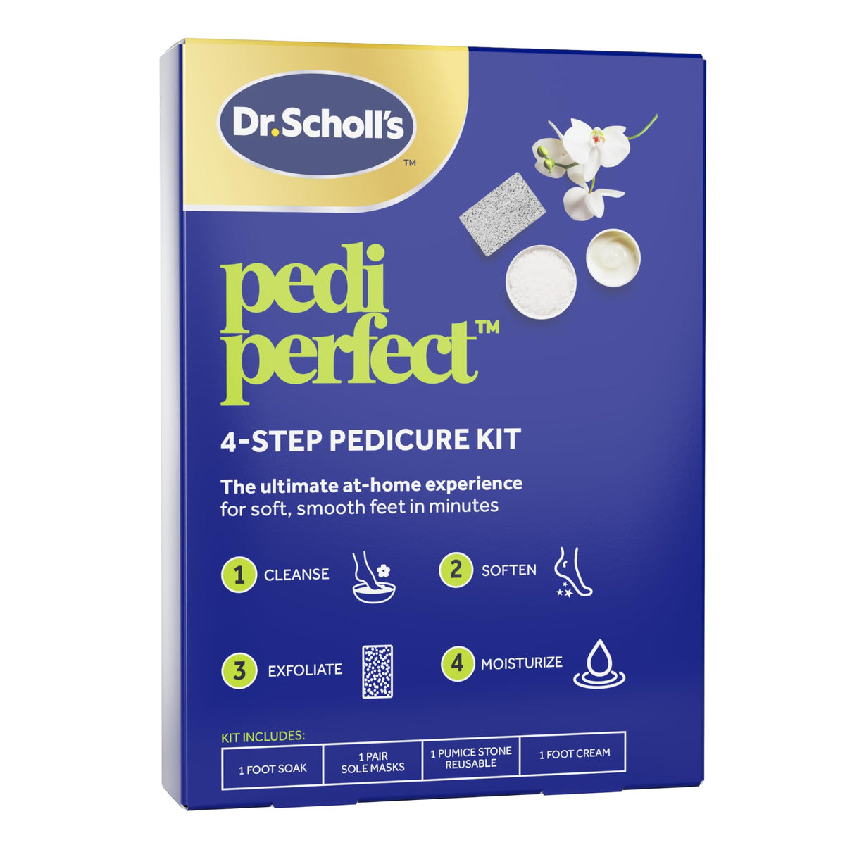 Dr. Scholl's front packaging showing the complete 4‑in‑1 pedicure kit and benefits