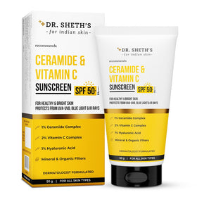 Dr. Sheth's front packaging showing SPF 50 protection and benefits