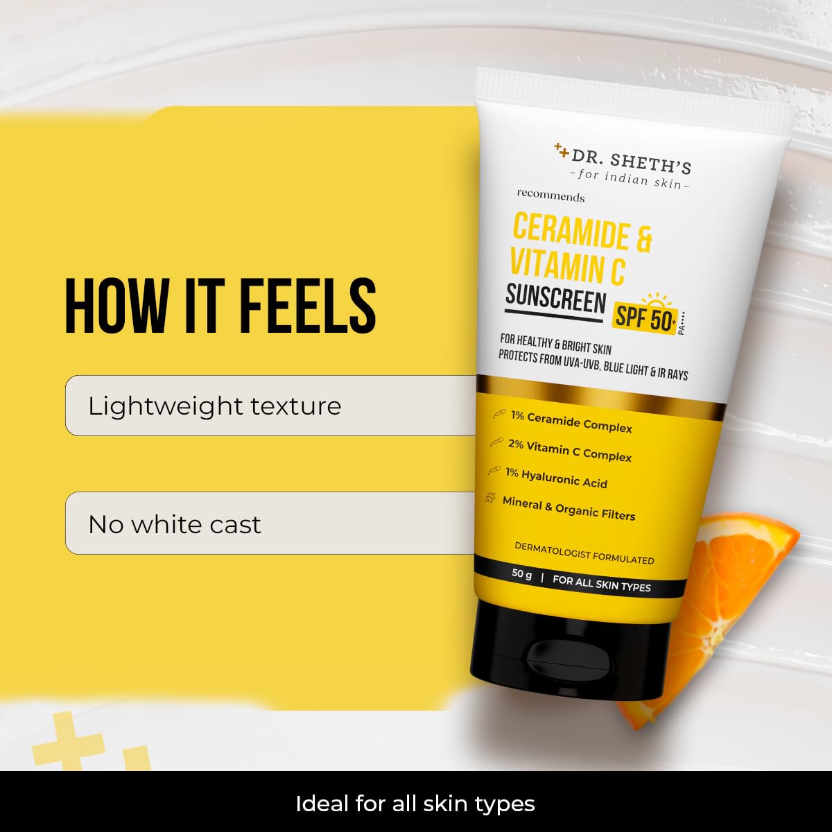 Dr. Sheth's label close-up listing ceramides vitamin C and hyaluronic acid