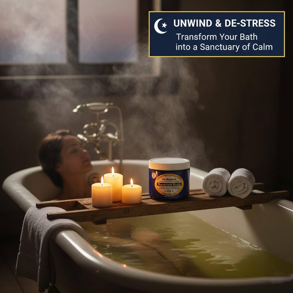 Dr. Singha's jar beside bathtub in bathroom lifestyle for relaxing ritual
