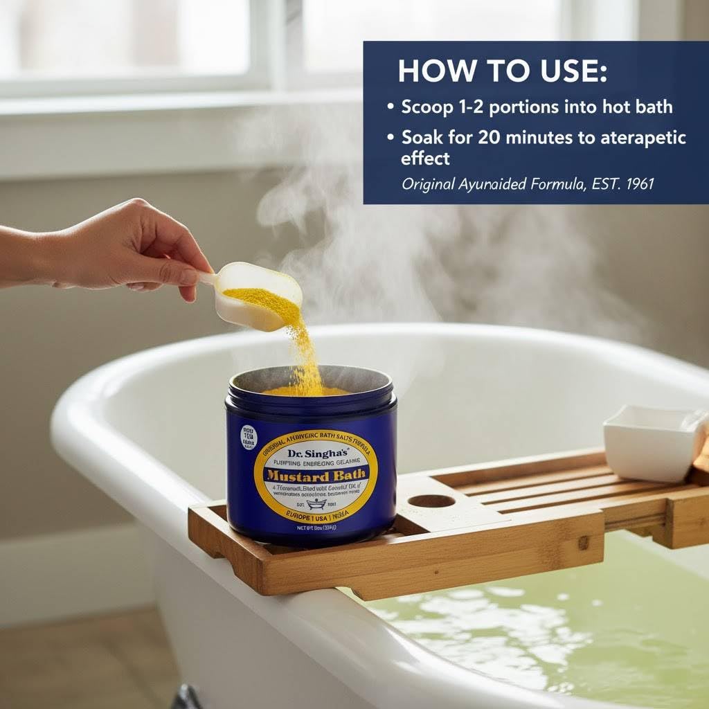 Dr. Singha's open jar showing mustard powder texture and easy mixing benefit
