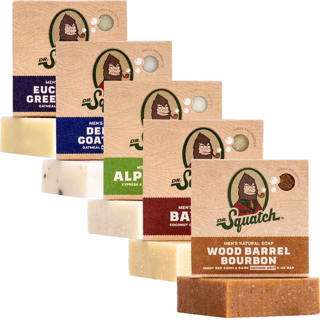 Dr. Squatch front packaging showing five soap bars and scent variety benefits skin care