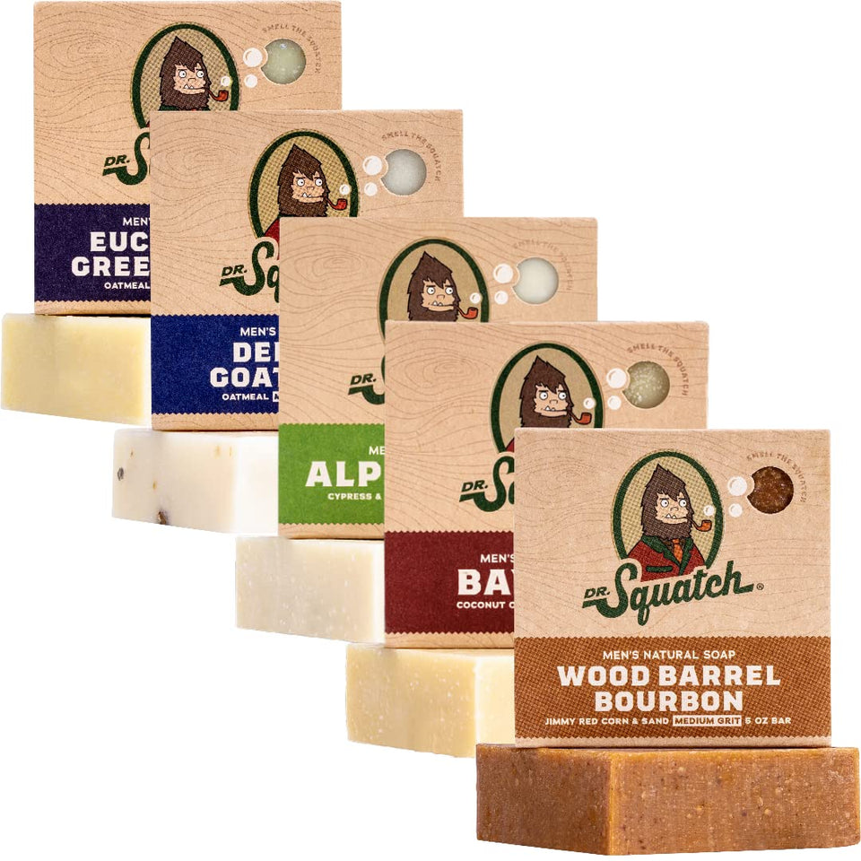 Dr. Squatch front packaging showing five soap bars and scent variety benefits skin care