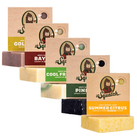 Dr. Squatch front packaging showing five soap bars and scent variety benefit