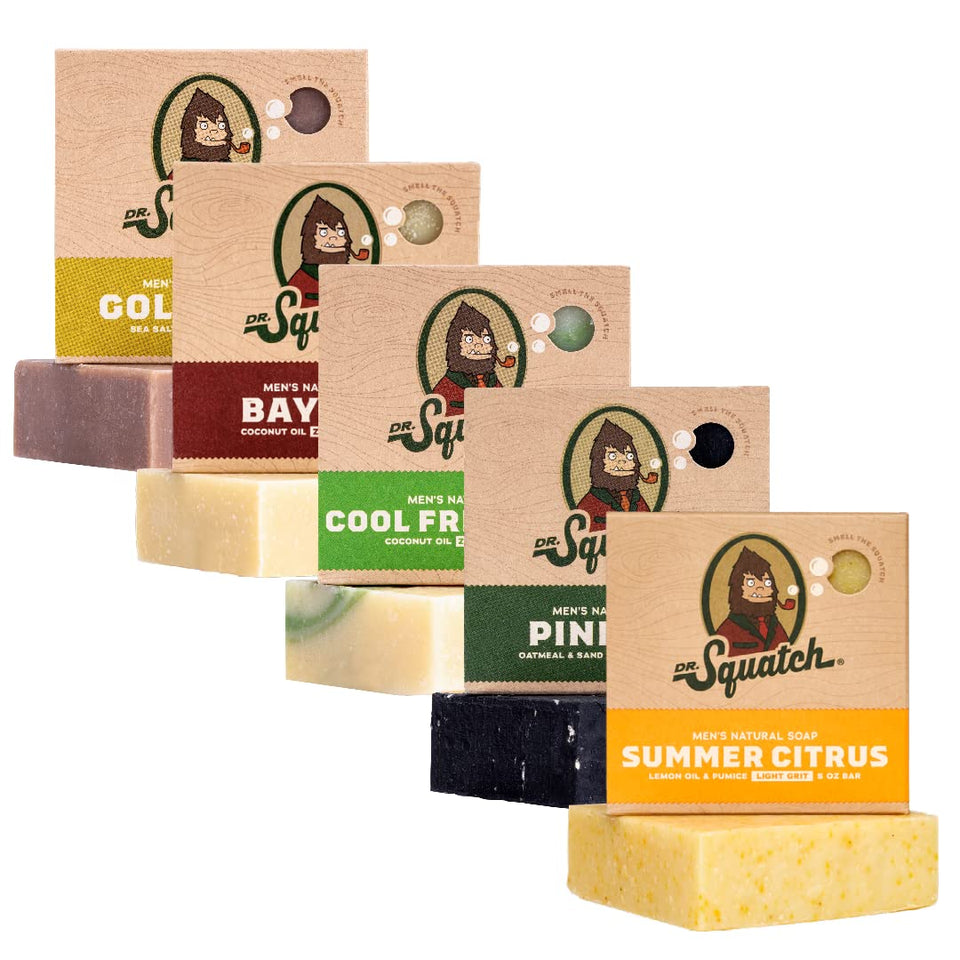 Dr. Squatch front packaging showing five soap bars and scent variety benefit