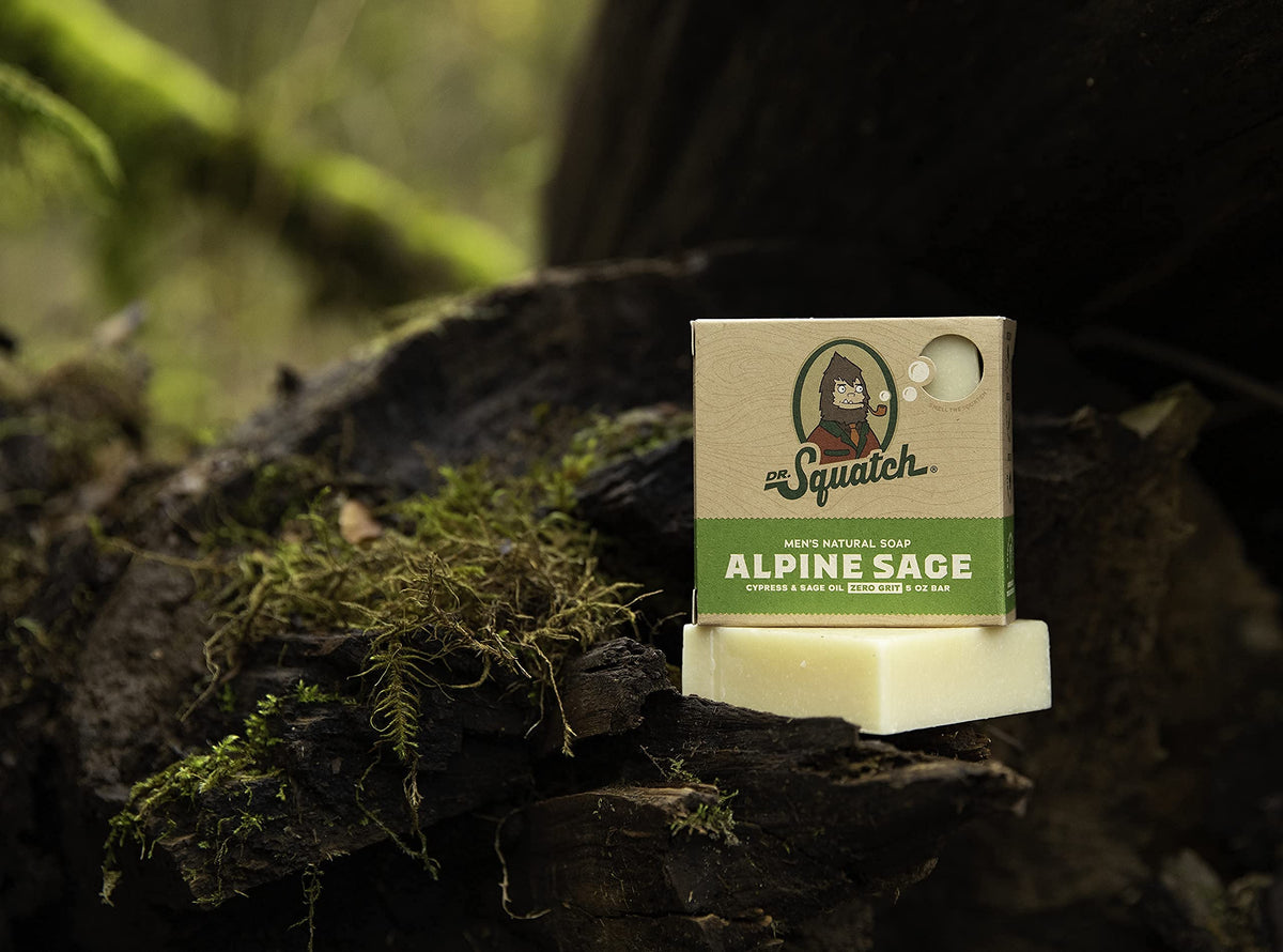 Dr. Squatch Alpine Sage placed on shower shelf demonstrating drainage benefit
