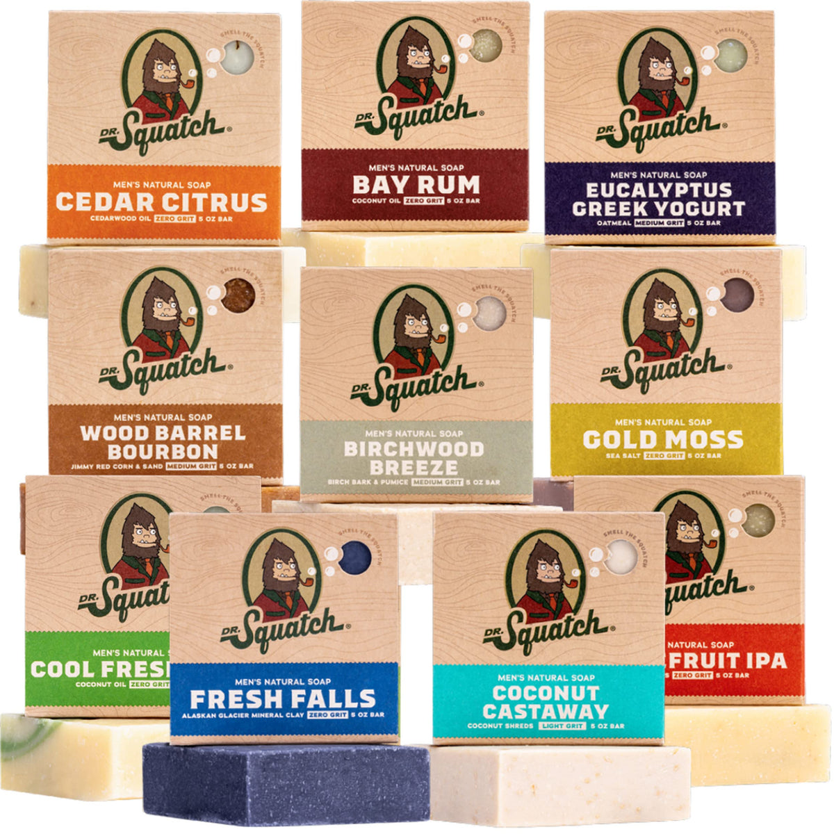 Dr. Squatch bar front packaging showing scent variety and natural ingredients