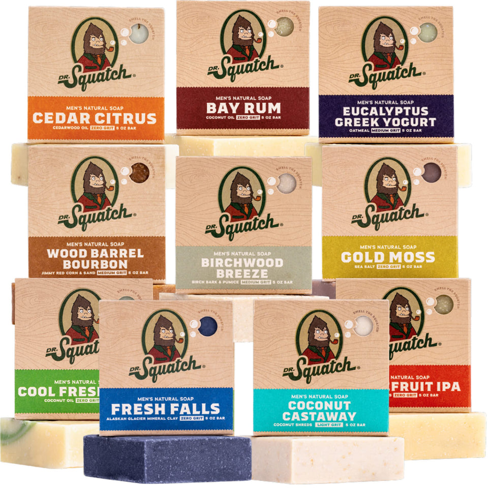 Dr. Squatch bar front packaging showing scent variety and natural ingredients