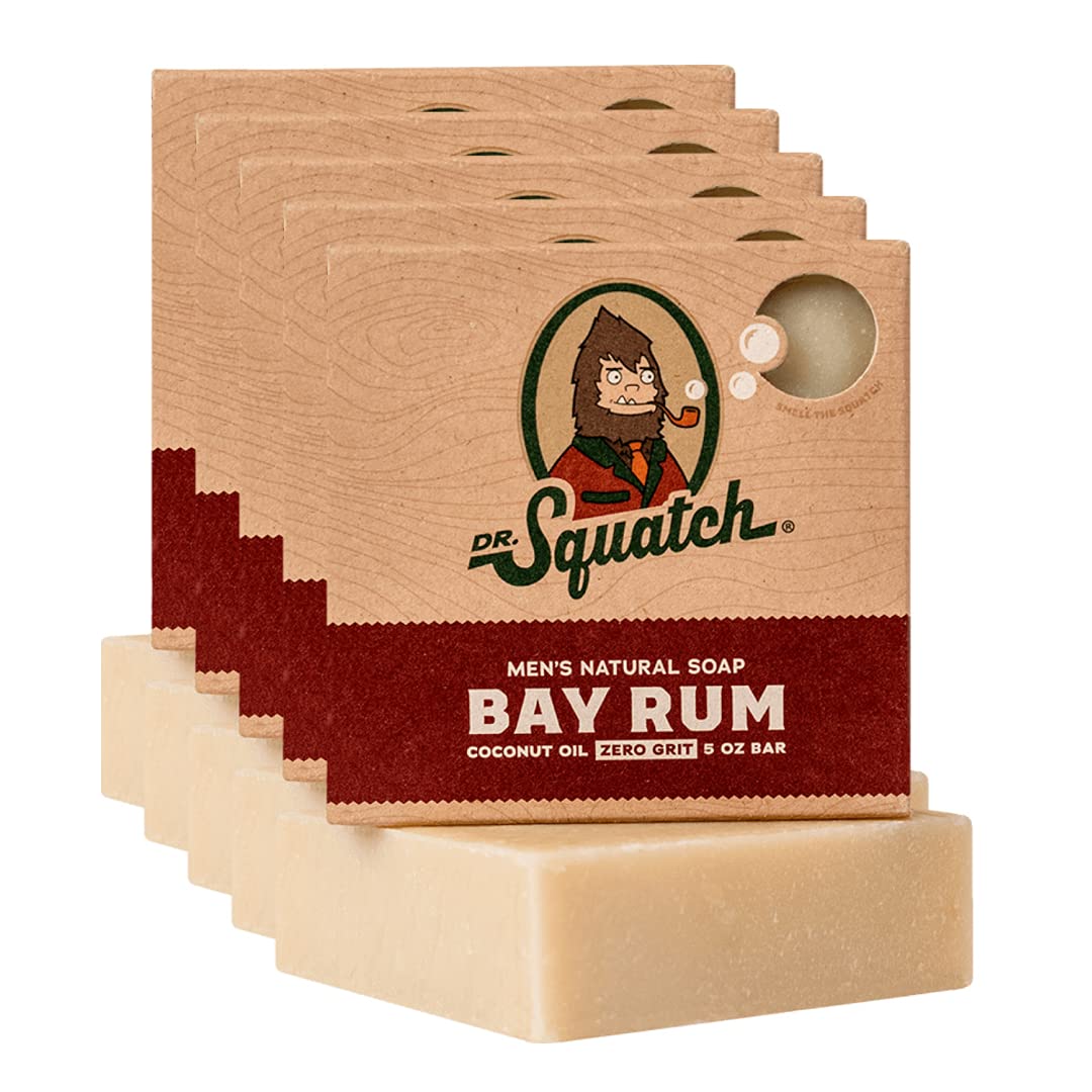 Dr. Squatch bay rum front packaging showing five bars and branding benefit: ready-to-gift