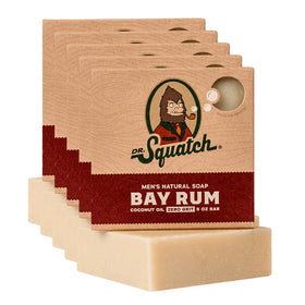Dr. Squatch bay rum front packaging showing five bars and branding benefit: ready-to-gift